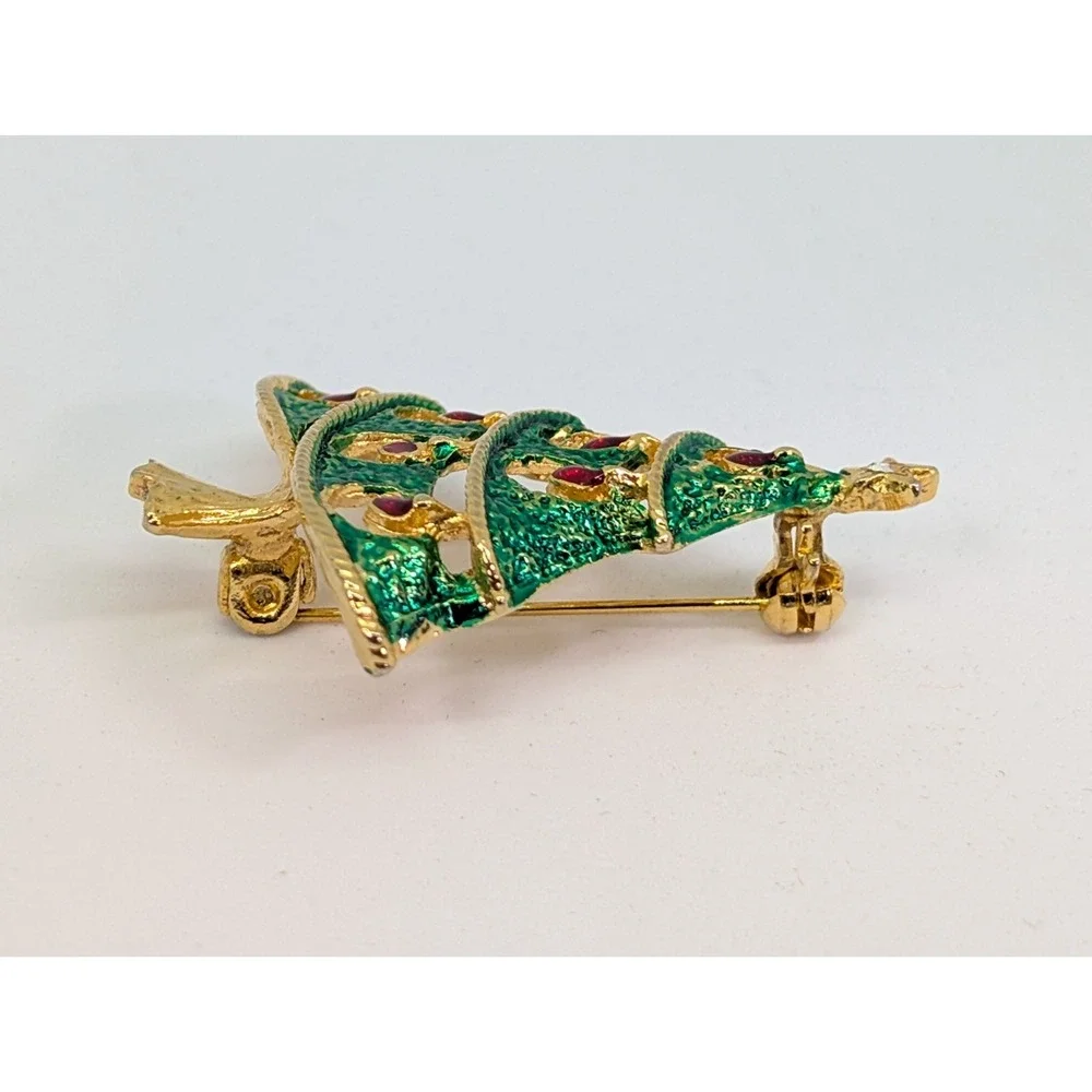 Vintage‎ Christmas Tree Gold-Tone Red Drop Rhinestone Brooch Pin